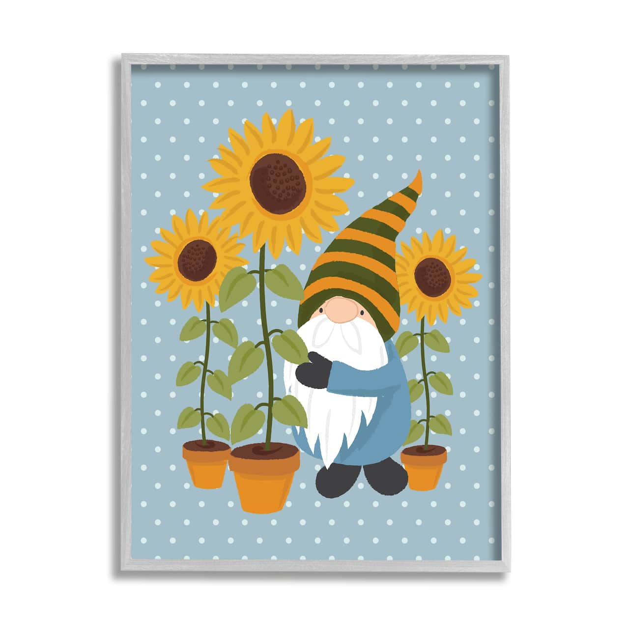 Stupell Industries Sunflower Garden Gnome Striped Hat Blue Polka Dots in Gray Frame Wall Art